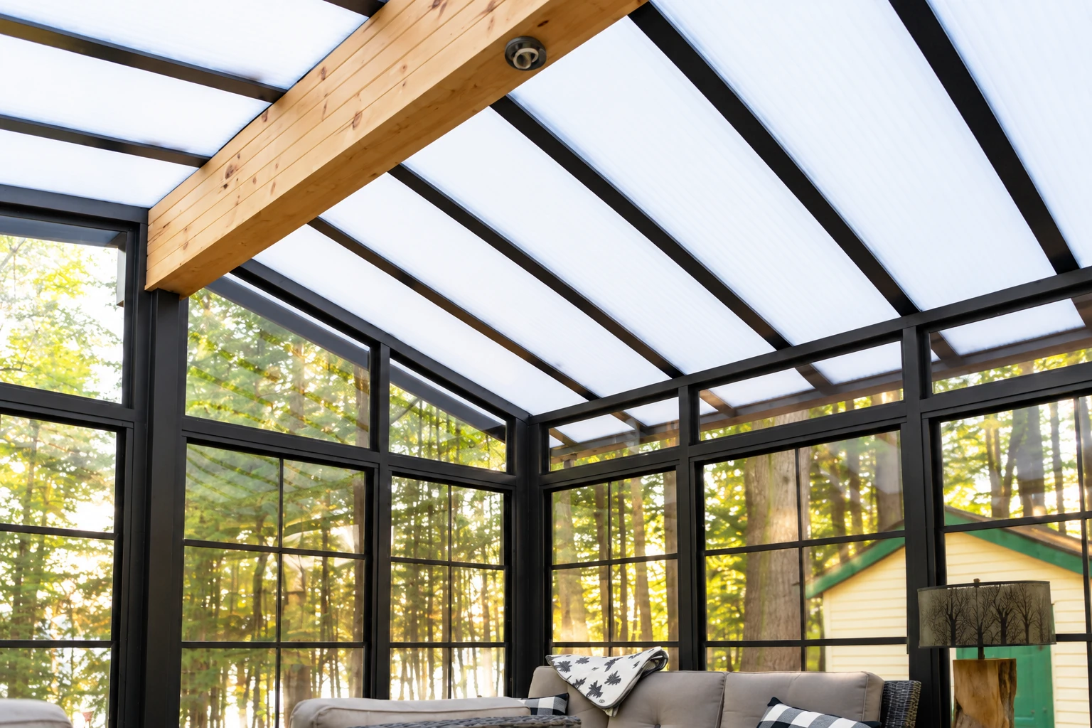 A four-season sunroom with black-framed windows, a translucent pitched roof and exposed wood beam overlooks a wooded yard.