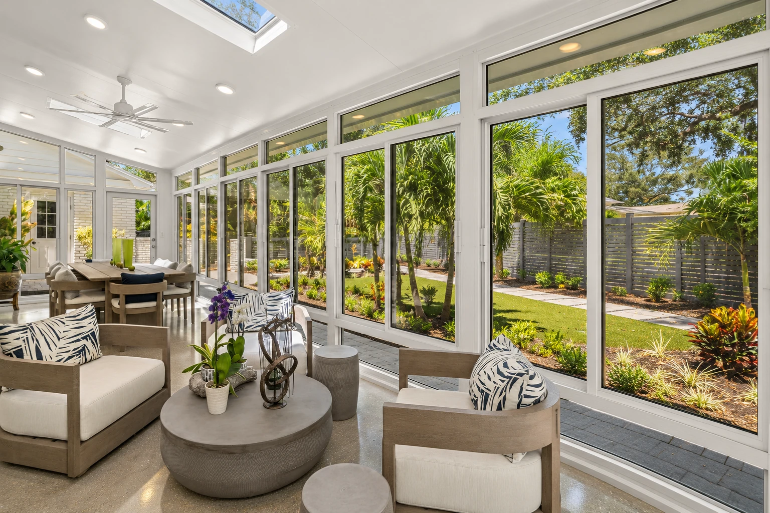 Custom sunroom with white-framed floor-to-ceiling windows, skylights, and modern seating overlooking a garden.