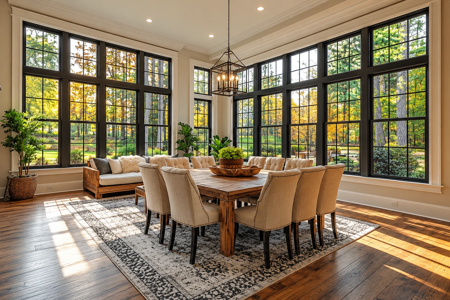 A sunroom dining area features a long wooden table, upholstered chairs, and tall black-framed windows overlooking trees.