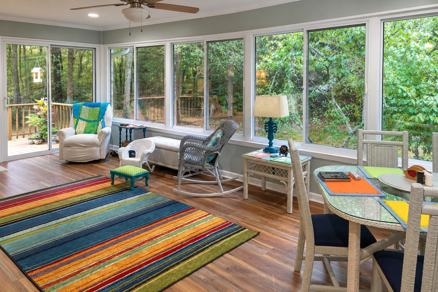An enclosed patio room has white-framed windows, a ceiling fan, wicker seating and a colorful striped rug.
