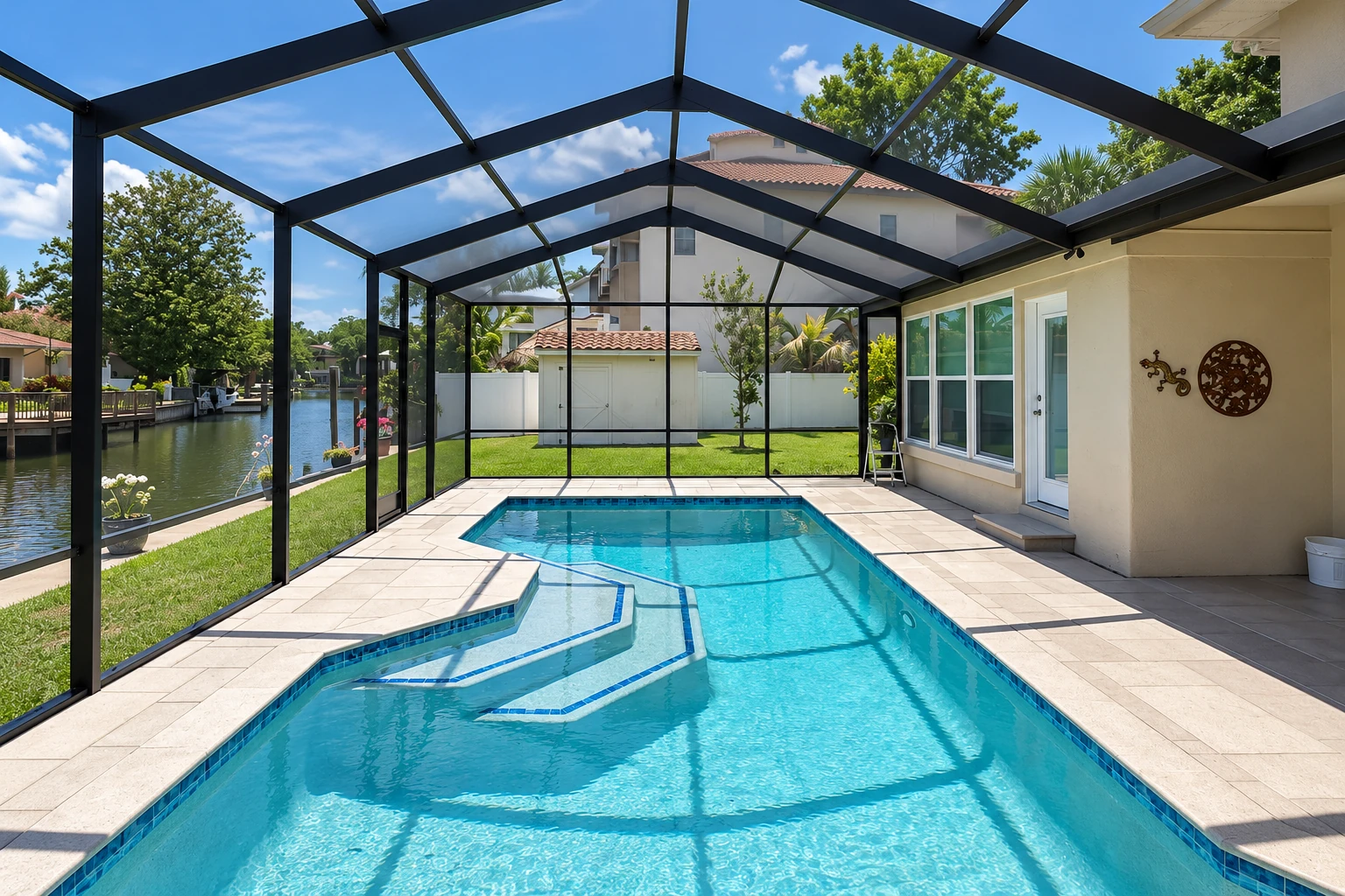 Screened pool patio beneath a black metal gabled cover, with a tiled deck and canal-side lawn.