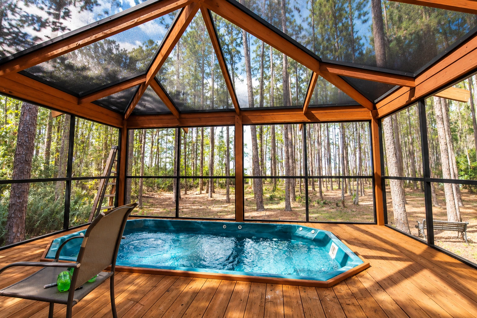 Screened patio enclosure with a timber frame, mesh roof and walls, and a built-in pool.