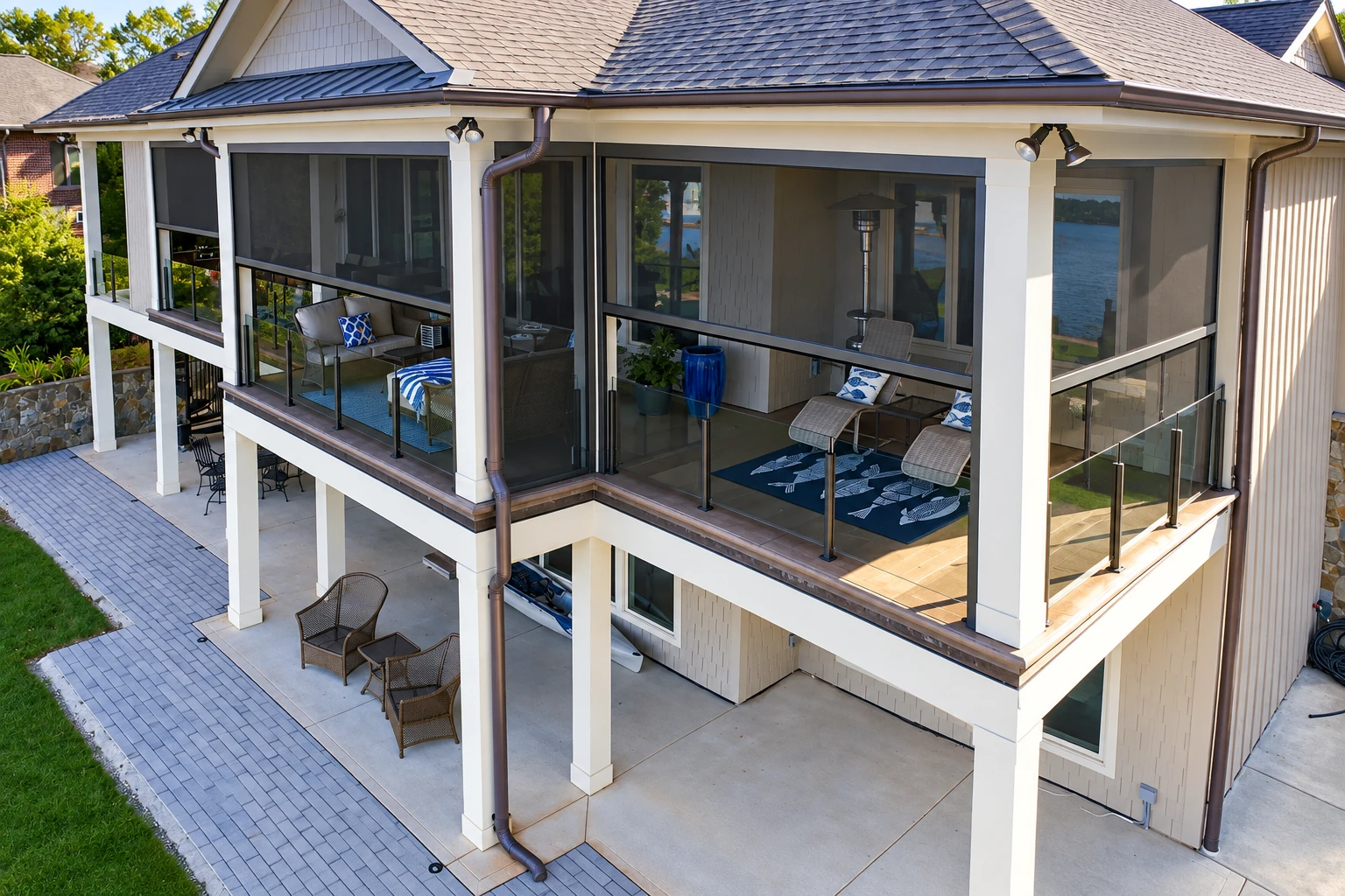 Raised patio enclosure with screened walls, white columns and furnished seating overlooking the water.