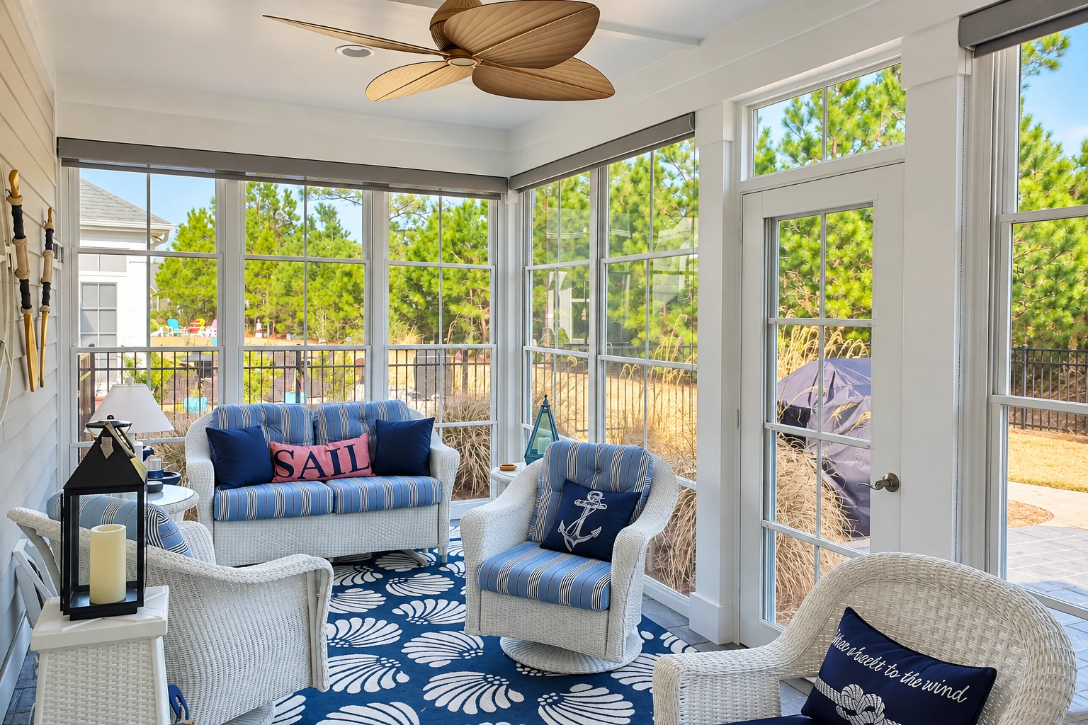 A bright sunroom with white-framed windows is furnished with wicker seating, blue cushions, and a patterned rug.
