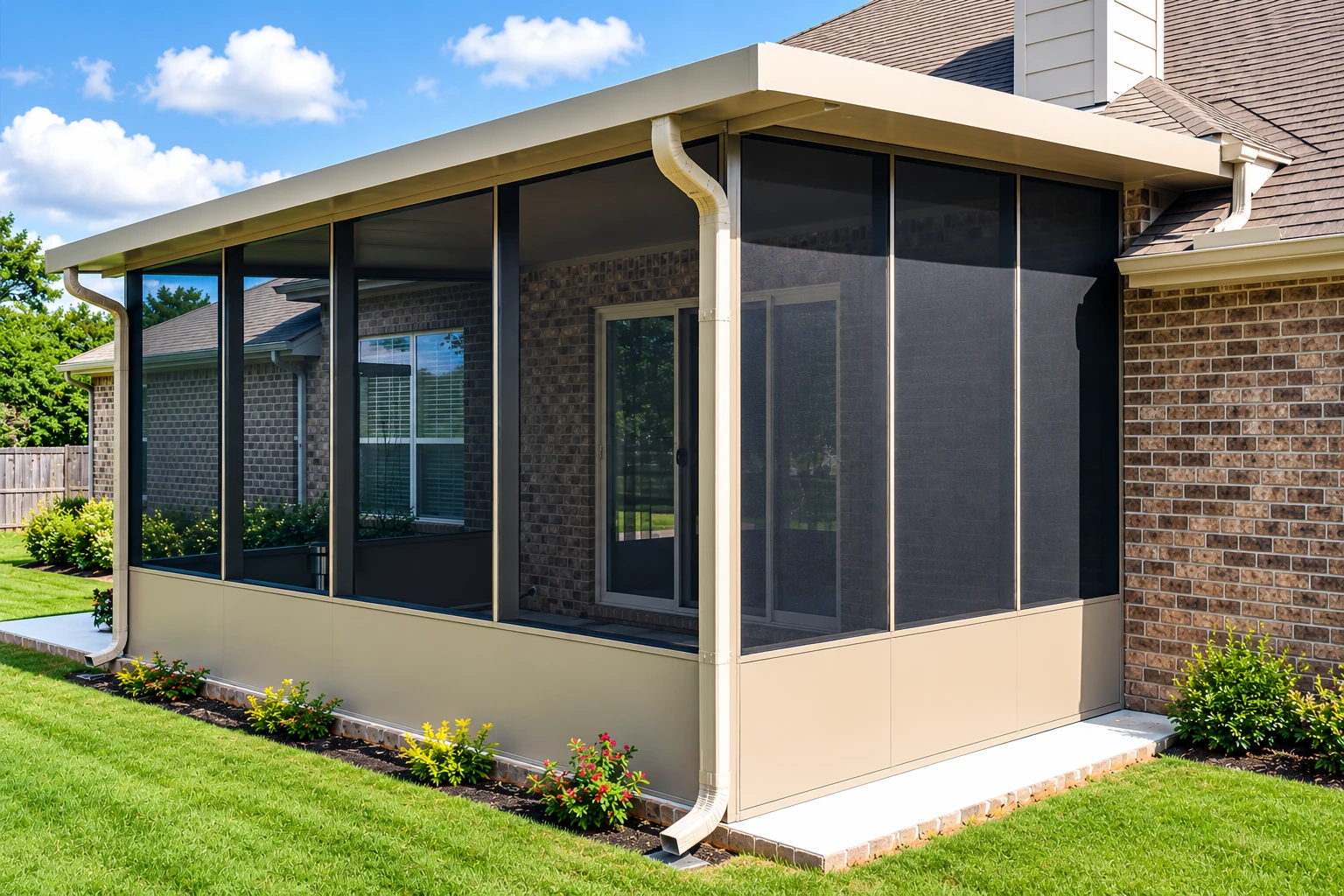 Enclosed patio with dark screen panels, beige lower walls and a low sloped roof attached to a brick house.