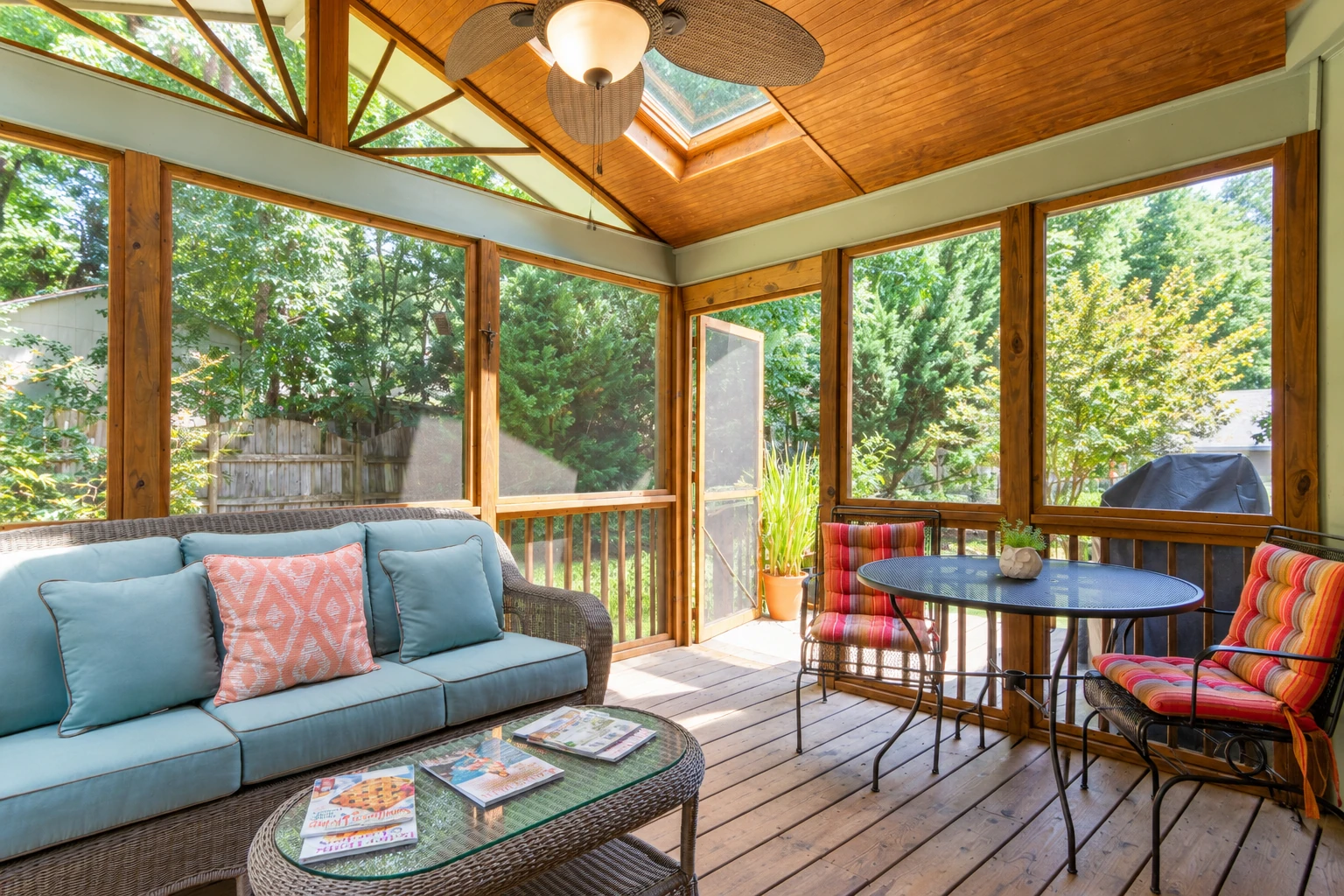 A furnished screen room with a timber frame, screened walls, a wood-paneled ceiling, sofa and dining table.