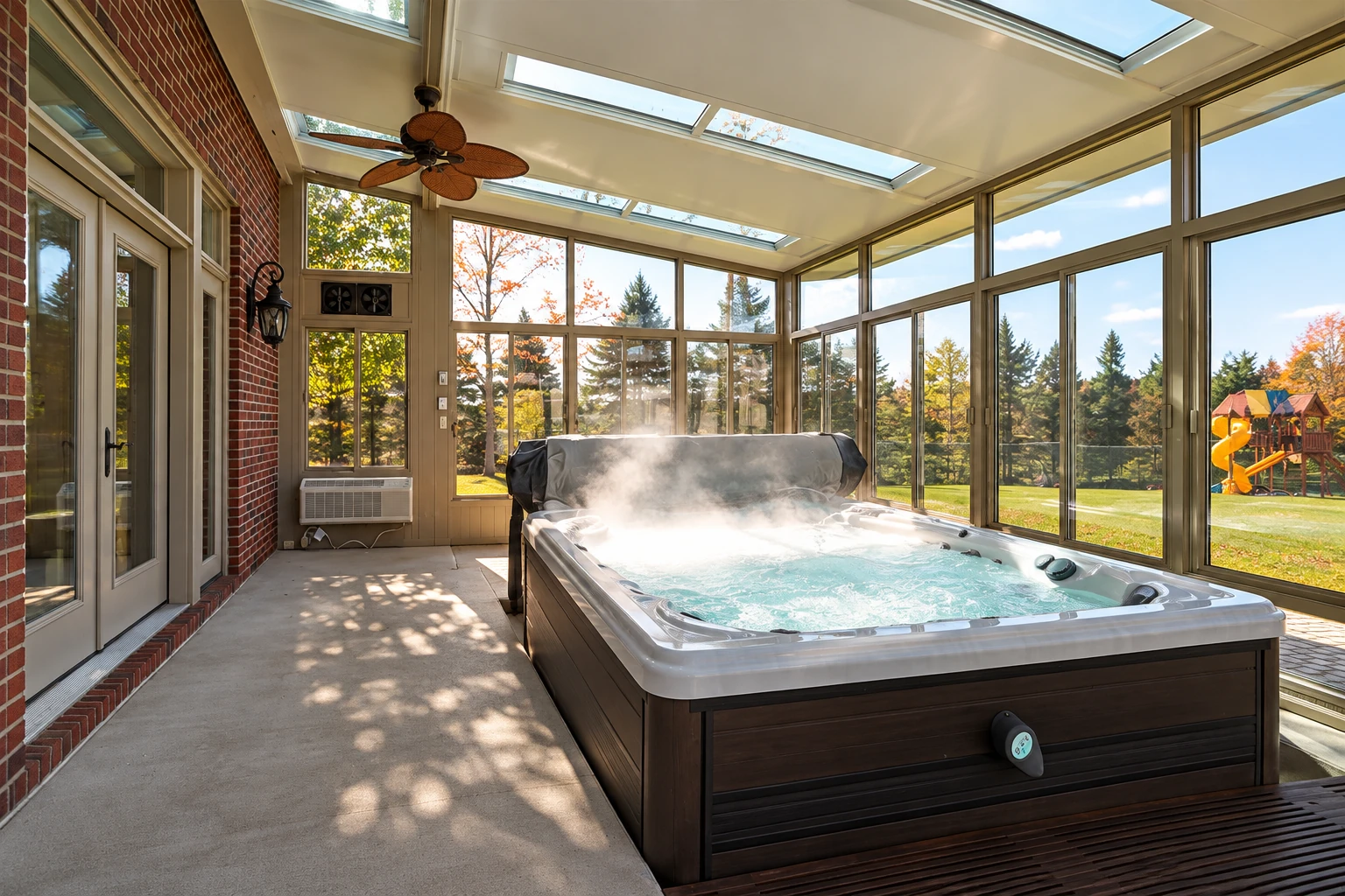 A glass-walled solarium with skylights contains a bubbling hot tub beside a brick wall, overlooking trees and a yard.