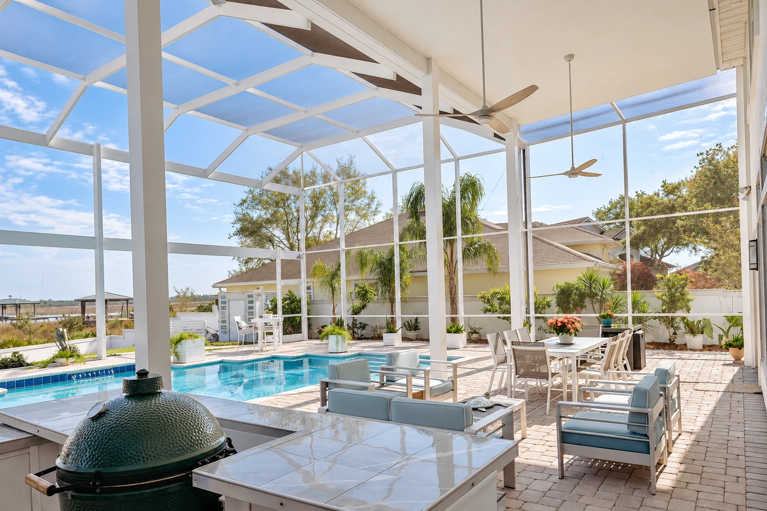 Screened patio enclosure with a white-framed roof, swimming pool, dining table and outdoor lounge seating.