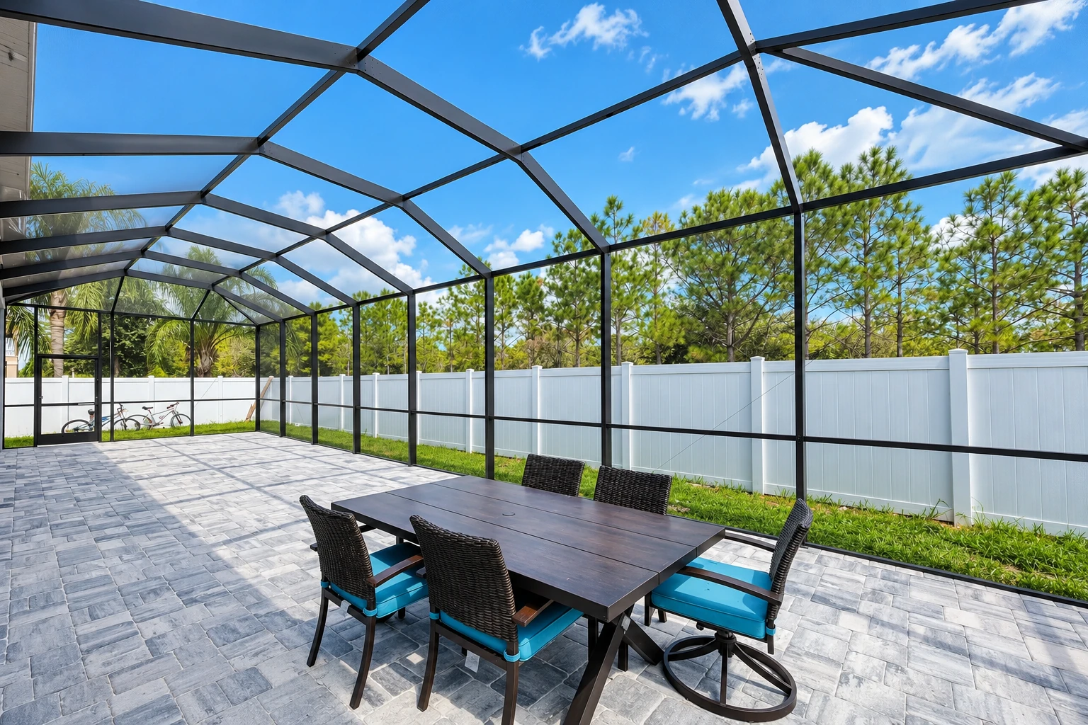 A screened patio enclosure has a dark metal frame and open roof over a paved dining area beside a white fence.