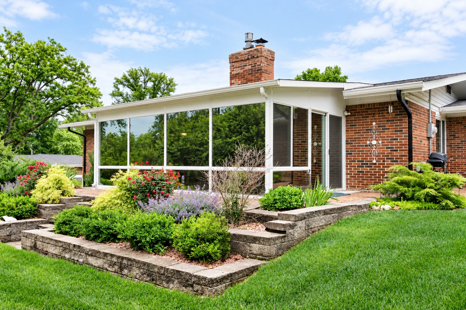 Three-season sunroom with white-framed windows beside a brick house, surrounded by garden beds and lawn.