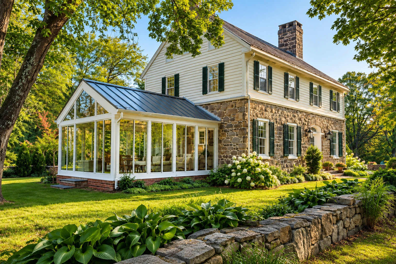 A glass sunroom with a dark metal roof extends from a stone-and-siding house, surrounded by trees and garden beds.